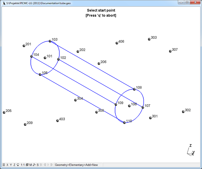 Figure 5.5: GMSH view of the points and the lines / circle arcs related to the inner tube