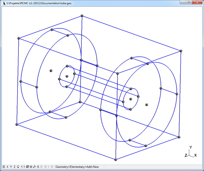 Figure 5.6: GMSH view of the tube model with all points and lines / circle arcs