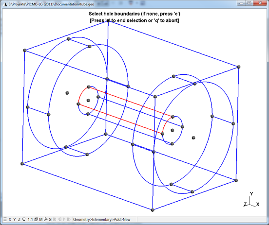 Figure 5.7: GMSH view of the tube model, where one of the four ruled surfaces of the tube is being selected