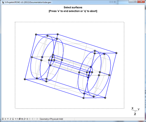 Figure 5.11: GMSH interactive window while selecting all surfaces as physical group with a lasso